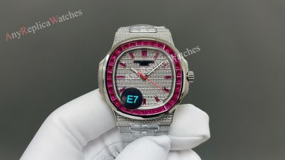 E7 Factory Patek Philippe Nautilus 9015 Movement 40mm Red Bezel Iced out Watch